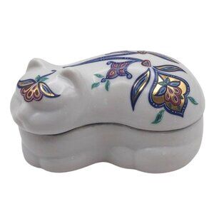 Vintage Porcelain Elizabeth Arden Byzantium Cat Trinket Dish Floral 80s Japan